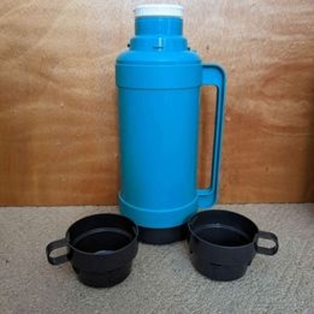 Vintage 90s Thermos Teal Vacuum nsulated Jug 1.8L w‎ 2 cups Made in England